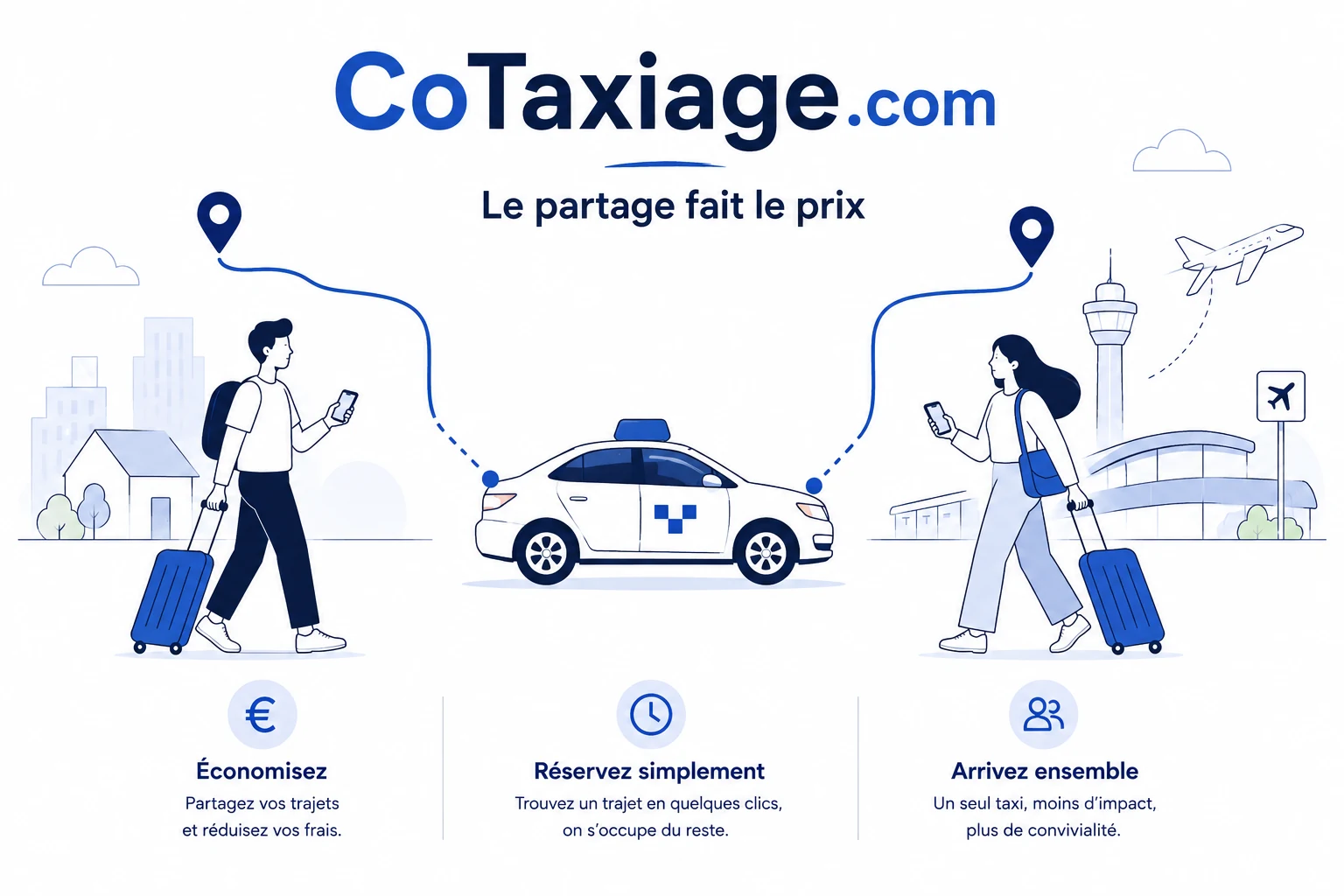 Deux voyageurs rejoignent un taxi partagé vers un aéroport